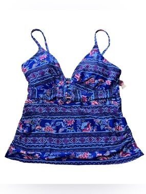 George Ladies Tankini Top Blue Floral Print V-Neck Size M NWT
